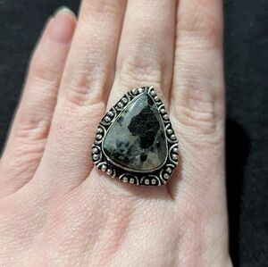 Silver Plated Dark Green Moss Agate Gemstone Teardrops Statement Ring - Size 8